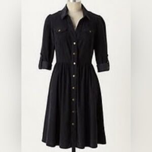 Antropologie Fei Navy blue corduroy 3/4 Roll Tab Sleeve Shirtdress-size 0